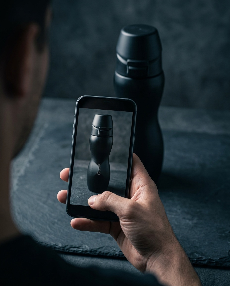 Phone screen showing the bottle being photographed on slate