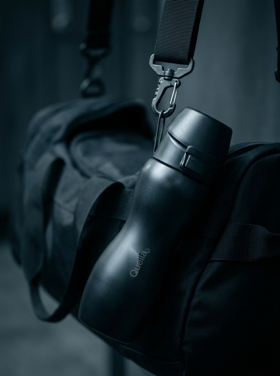 Bottle clipped by its carry loop to a gym bag strap