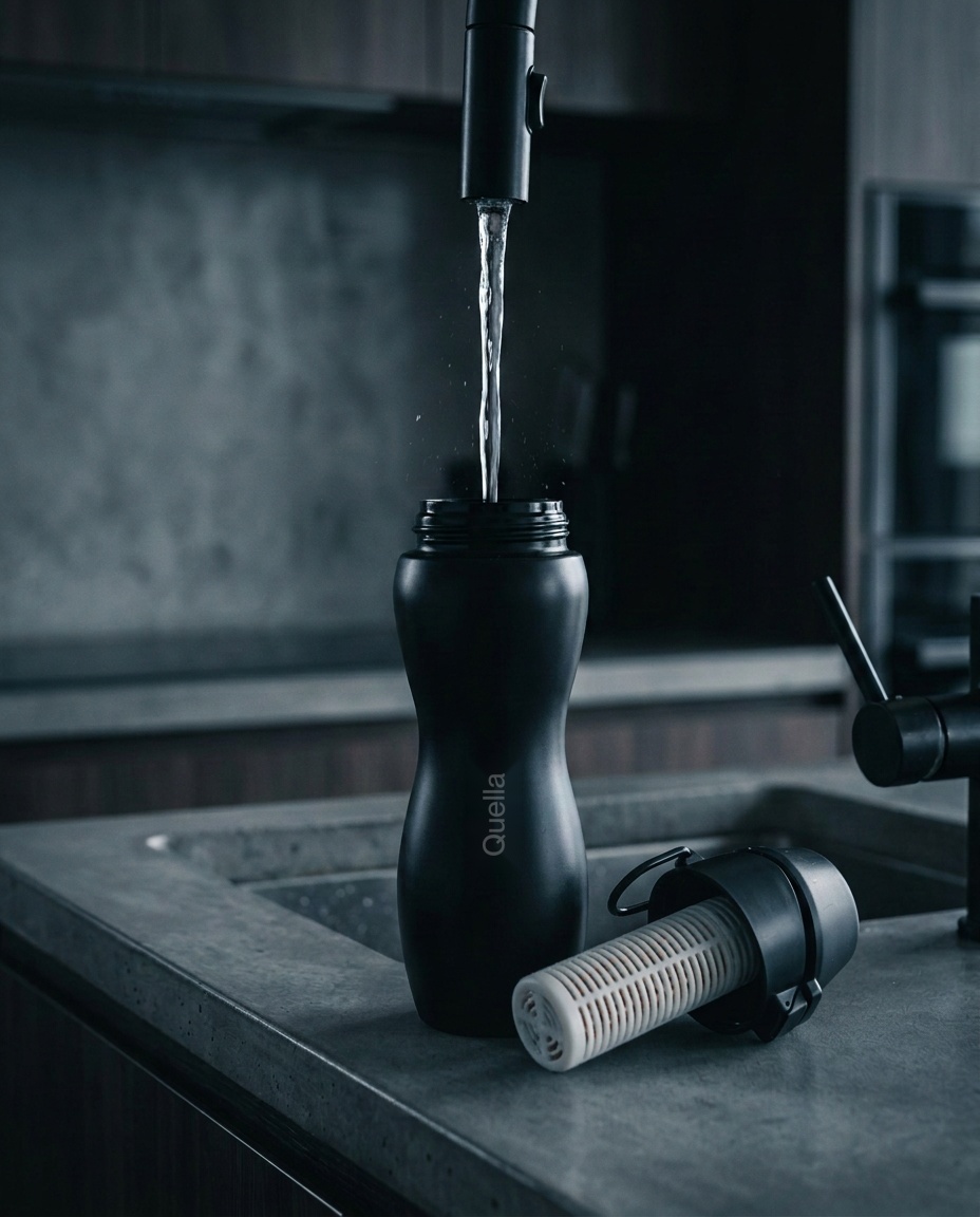 Bottle being filled under a running kitchen tap