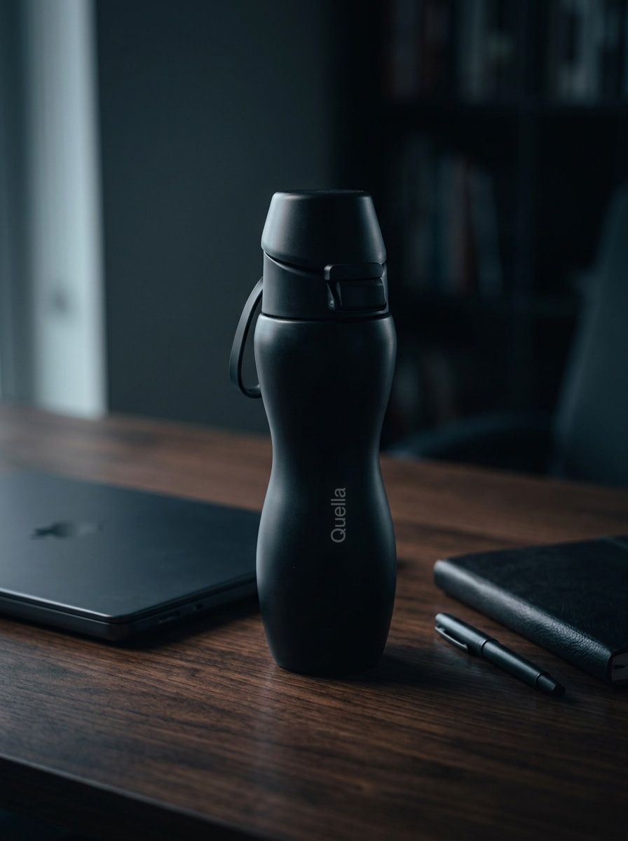 Matte black bottle on a walnut desk beside a closed laptop